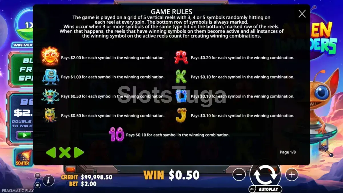 Tabela de pagamentos do Alien Invaders com valores dos símbolos