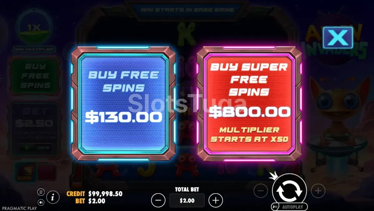 Tela de compra de bônus do Alien Invaders com opções de feature buy