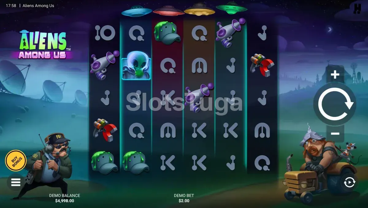 Base game da slot Aliens Among Us com grade 6x5 e aliens nos rolos centrais