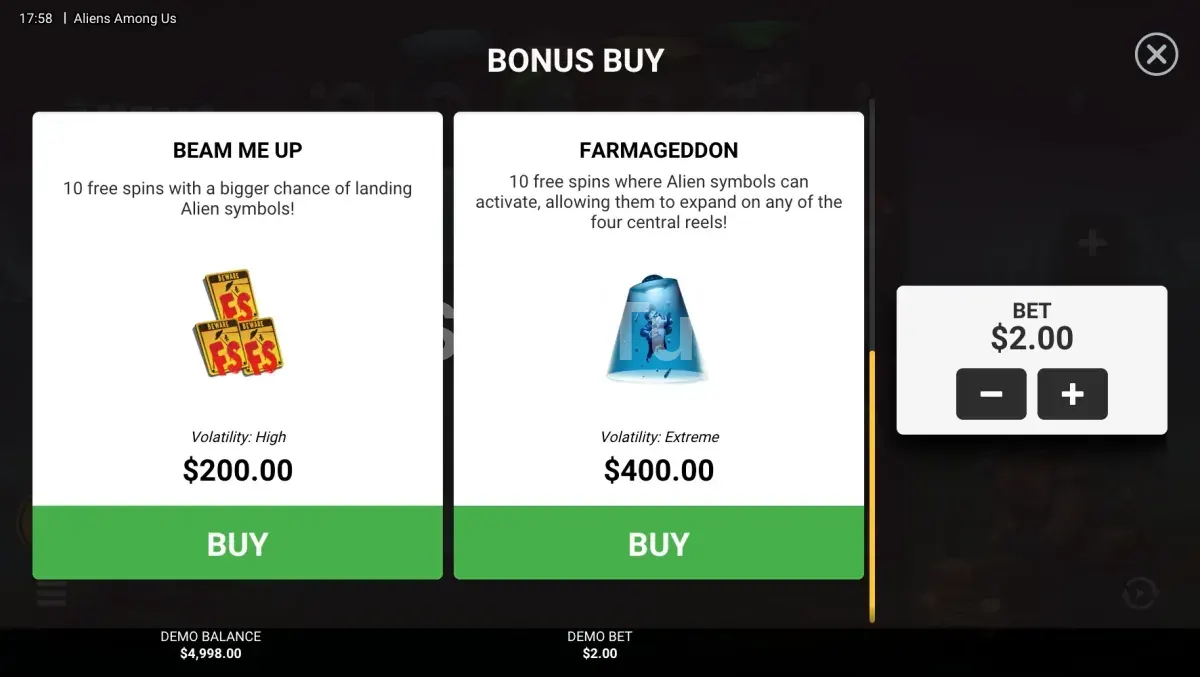 Menu de compra de bônus da Aliens Among Us com as quatro opções disponíveis
