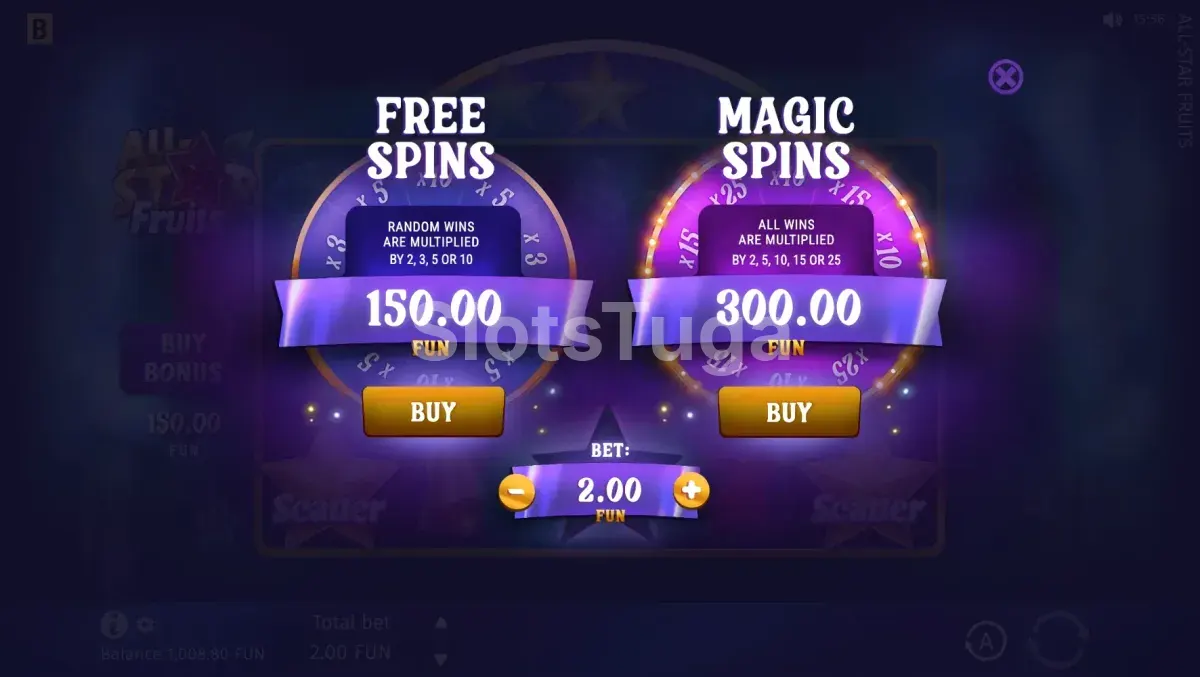 Tela de Bonus Buy da All Star Fruits com opções de compra de bônus