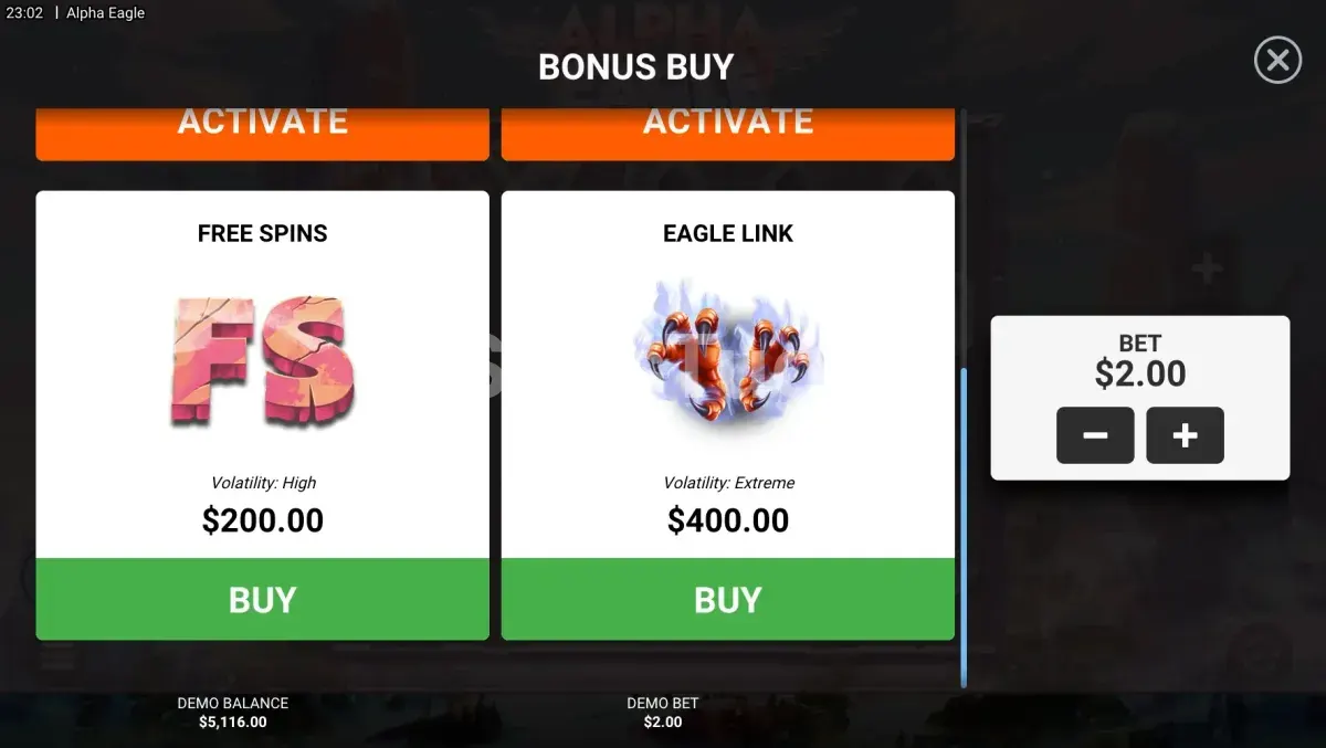 Menu de compra de bônus do Alpha Eagle com as quatro opções disponíveis