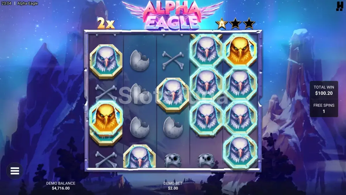Rodadas grátis em andamento no Alpha Eagle com wilds empilhados