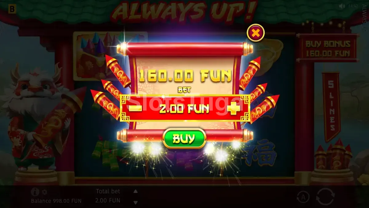 Tela de compra de bônus da Always Up! com opções de fireworks