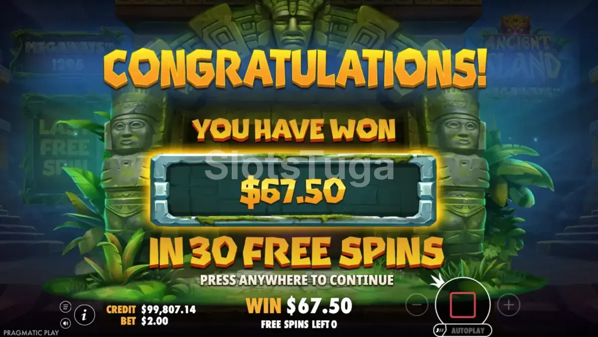 Big win da Ancient Island Megaways mostrando o potencial de ganho máximo