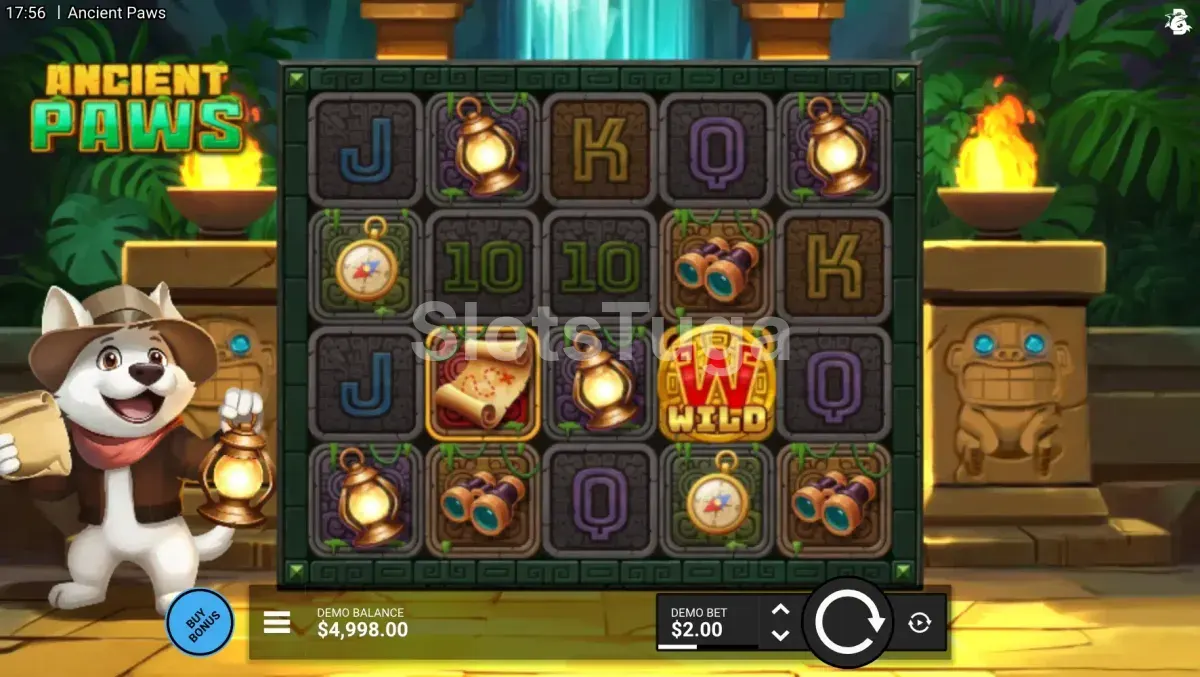 Tela principal do jogo Ancient Paws com os rolos e símbolos de lobos