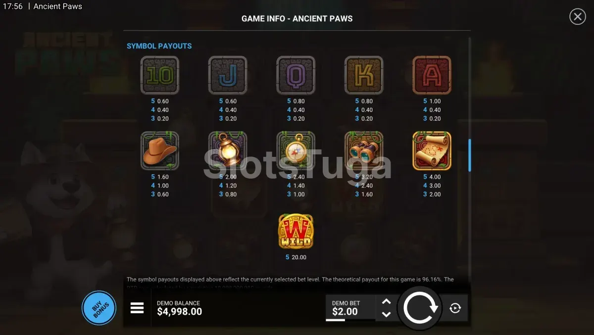 Tabela de pagamentos da slot Ancient Paws com todos os símbolos