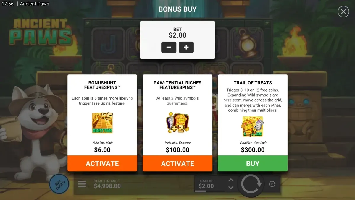 Menu de compra de bônus da Ancient Paws com as opções disponíveis