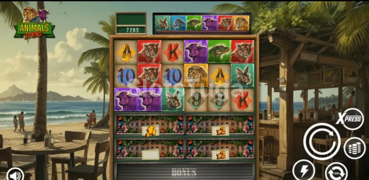 Tela principal do jogo Animals Strike com os rouleaux em ação