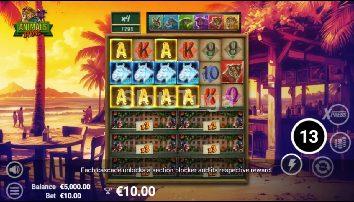 Modo de free spins ativado no Animals Strike com multiplicadores na tela
