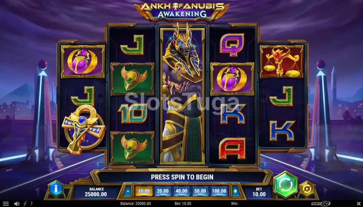 Tela principal da slot Ankh of Anubis Awakening com cenário futurista egípcio