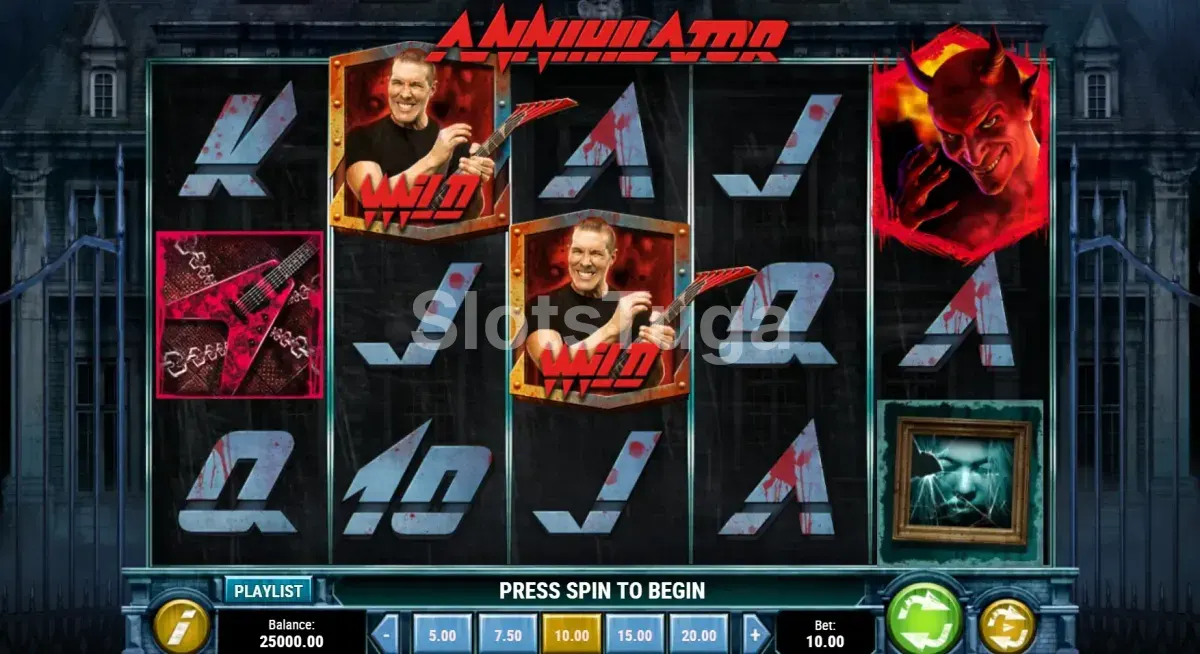 Jogo base da slot Annihilator com rouleaux e mansão sombria ao fundo