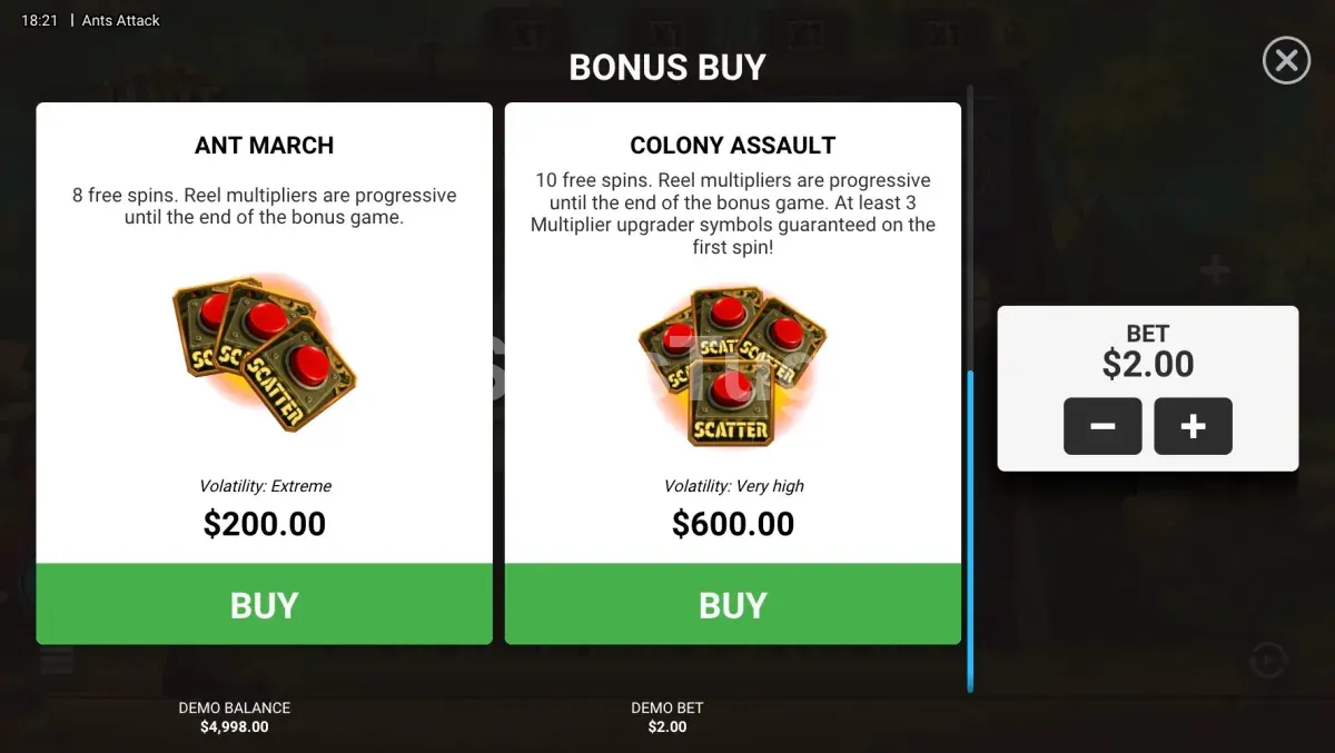 Menu de compra de bónus de Ants Attack com as quatro opções