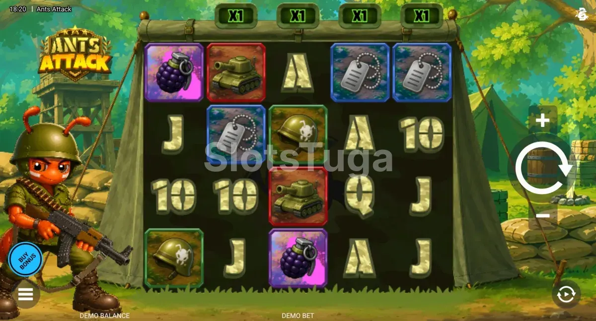 Jogo base de Ants Attack com os multiplicadores sobre os rolos