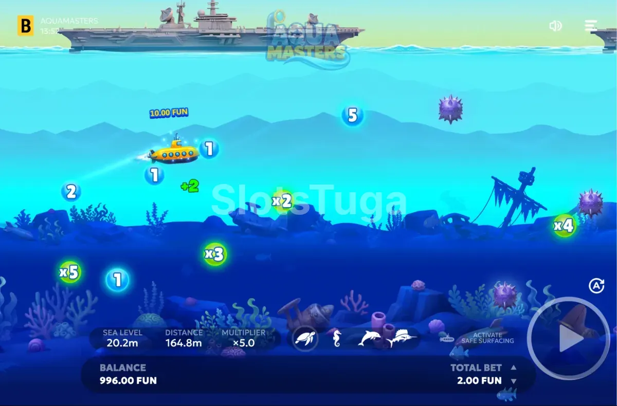 Segundo momento do jogo base de Aquamasters com o painel de aposta visível