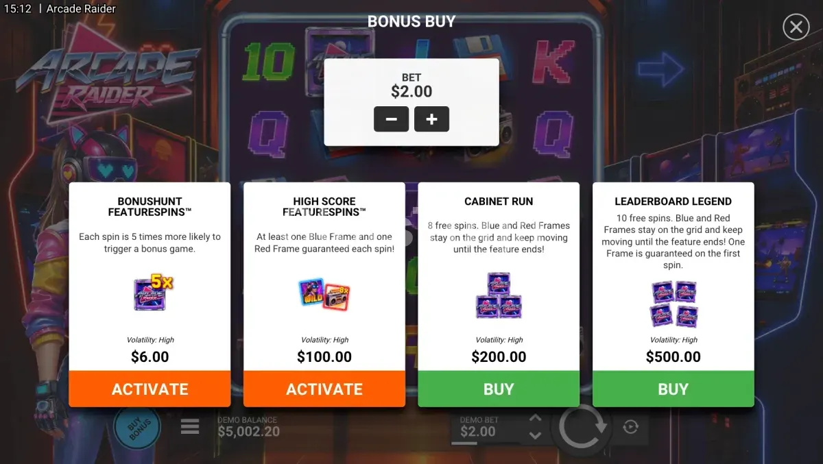 Ecrã de Bonus Buy de Arcade Raider com as opções de compra