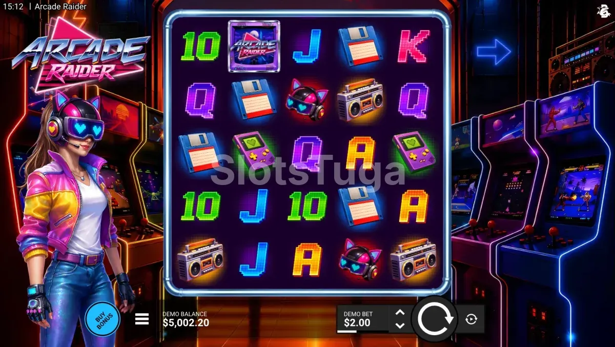 Jogo base de Arcade Raider com a grelha de 5 rolos e 5 linhas