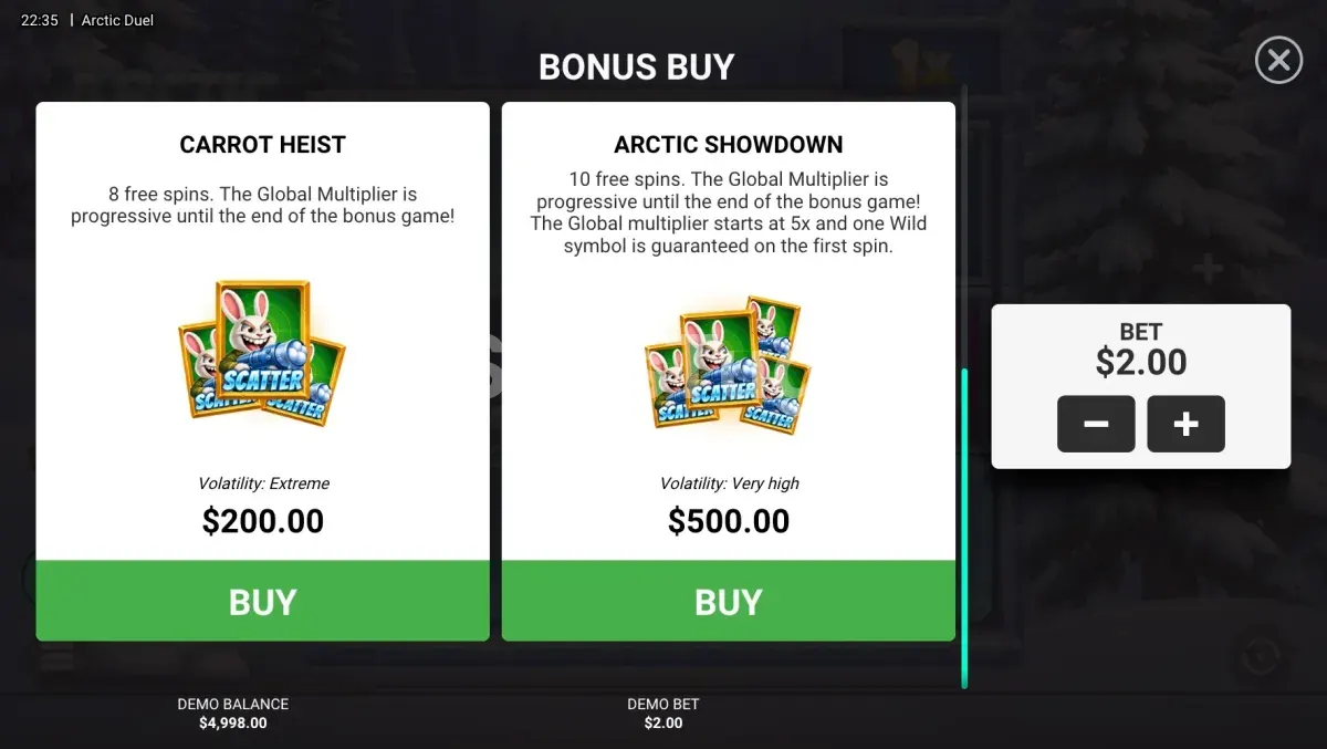 Menu de compra de bónus em Arctic Duel