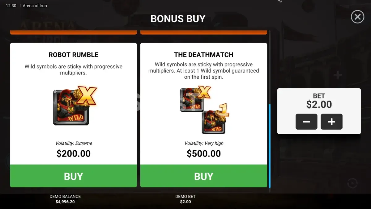 Tela de compra de bonus da Arena of Iron com quatro opções disponíveis
