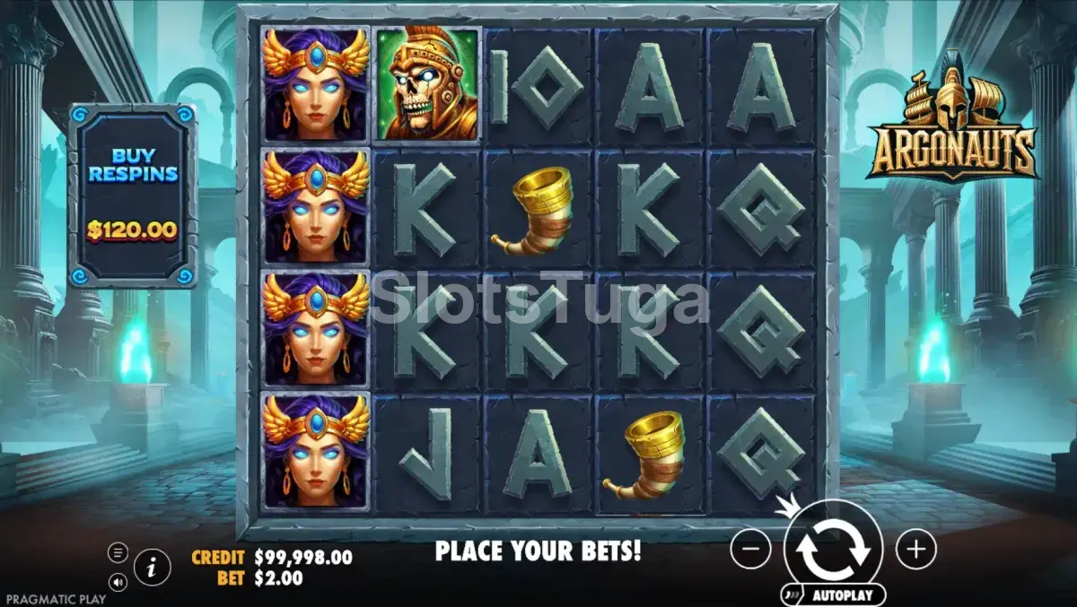 Tela principal do slot Argonauts com grid 5x4 e tema grego