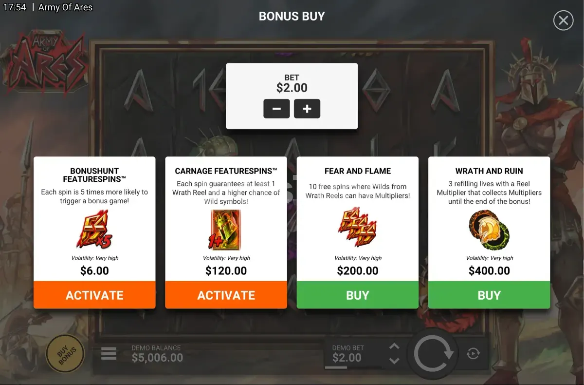 Tela de Bonus Buy da Army of Ares mostrando as opções disponíveis