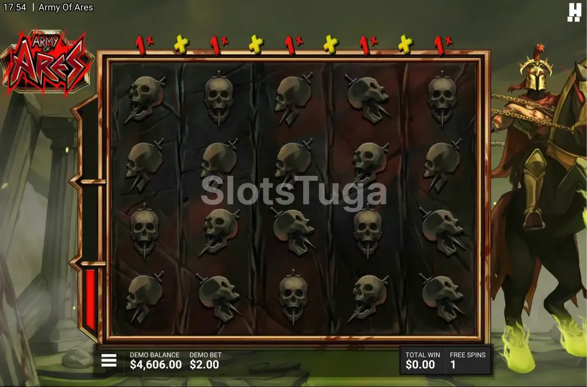Modo de Free Spins ativado na slot Army of Ares com multiplicadores