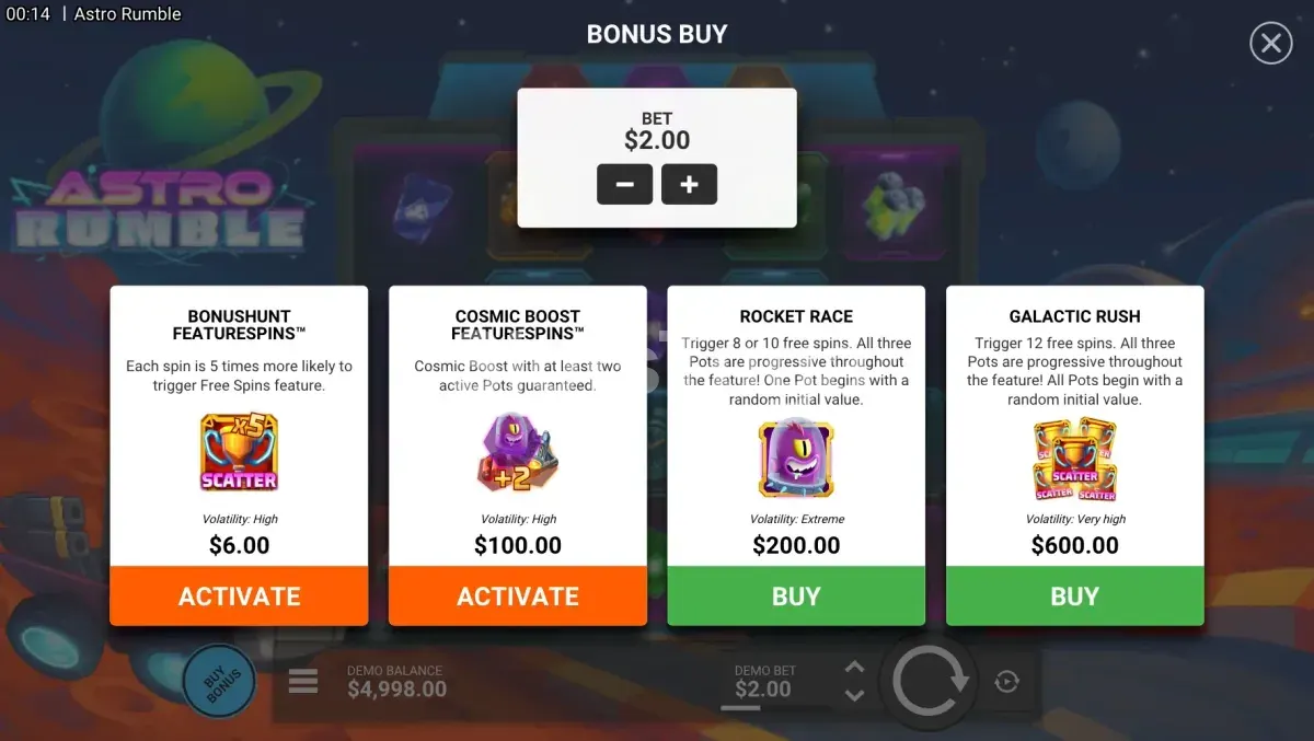 Tela de compra de bônus na Astro Rumble da Hacksaw Gaming