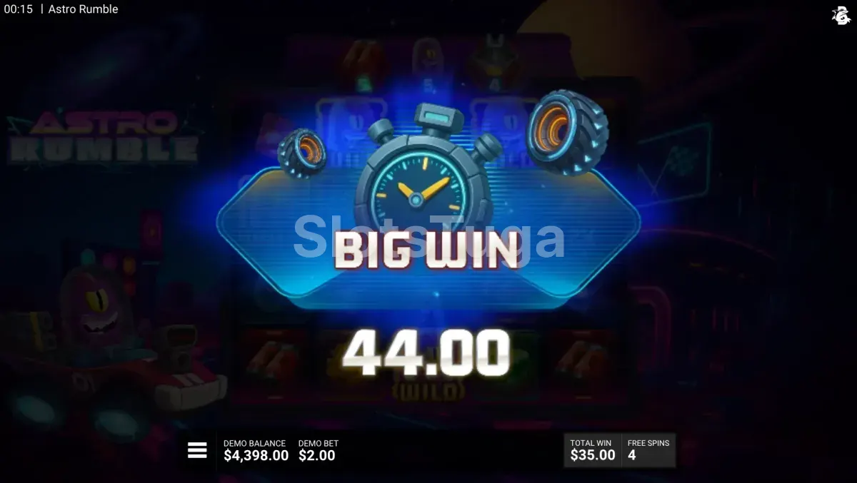 Tela de grande vitória na slot Astro Rumble da Hacksaw Gaming