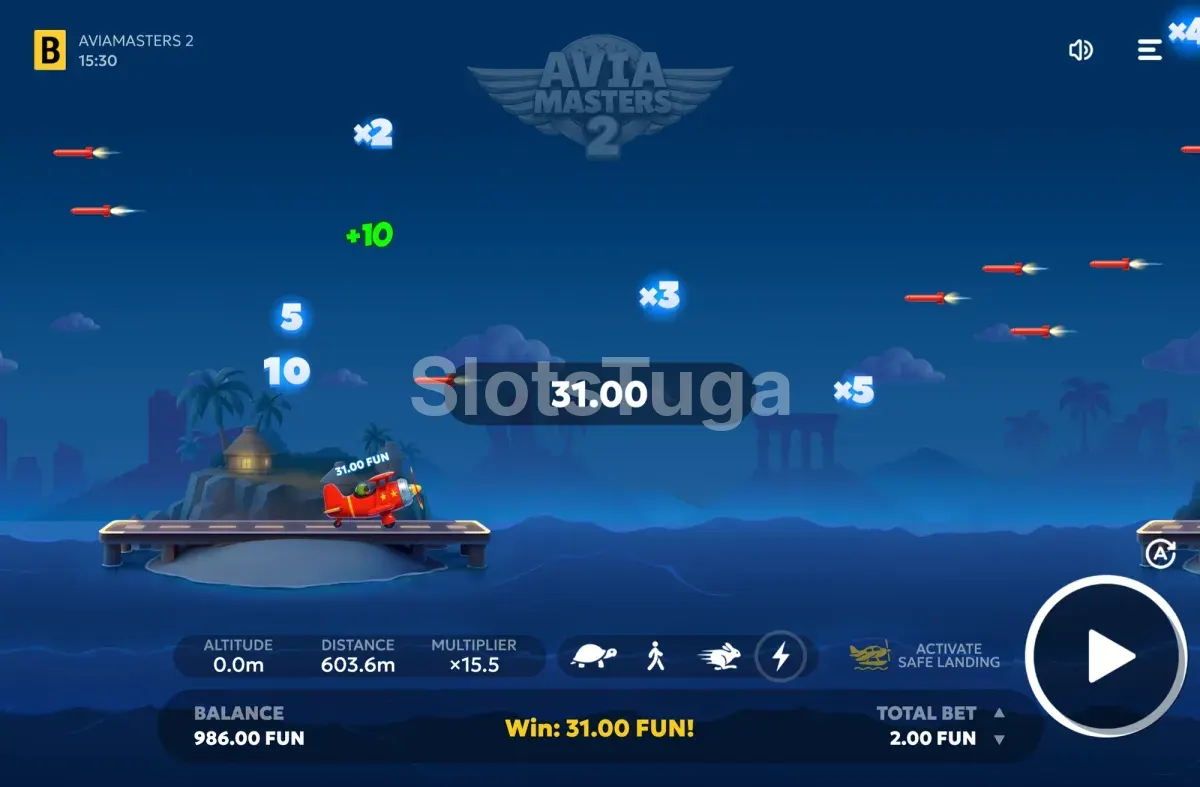 Ecrã de ganho elevado no final de um voo em Aviamasters 2