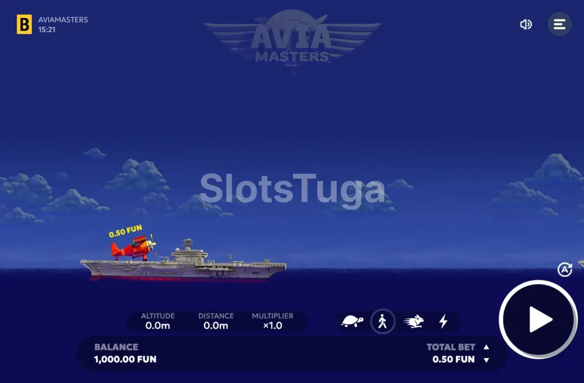 Jogo base de Aviamasters com o avião a sobrevoar o mar