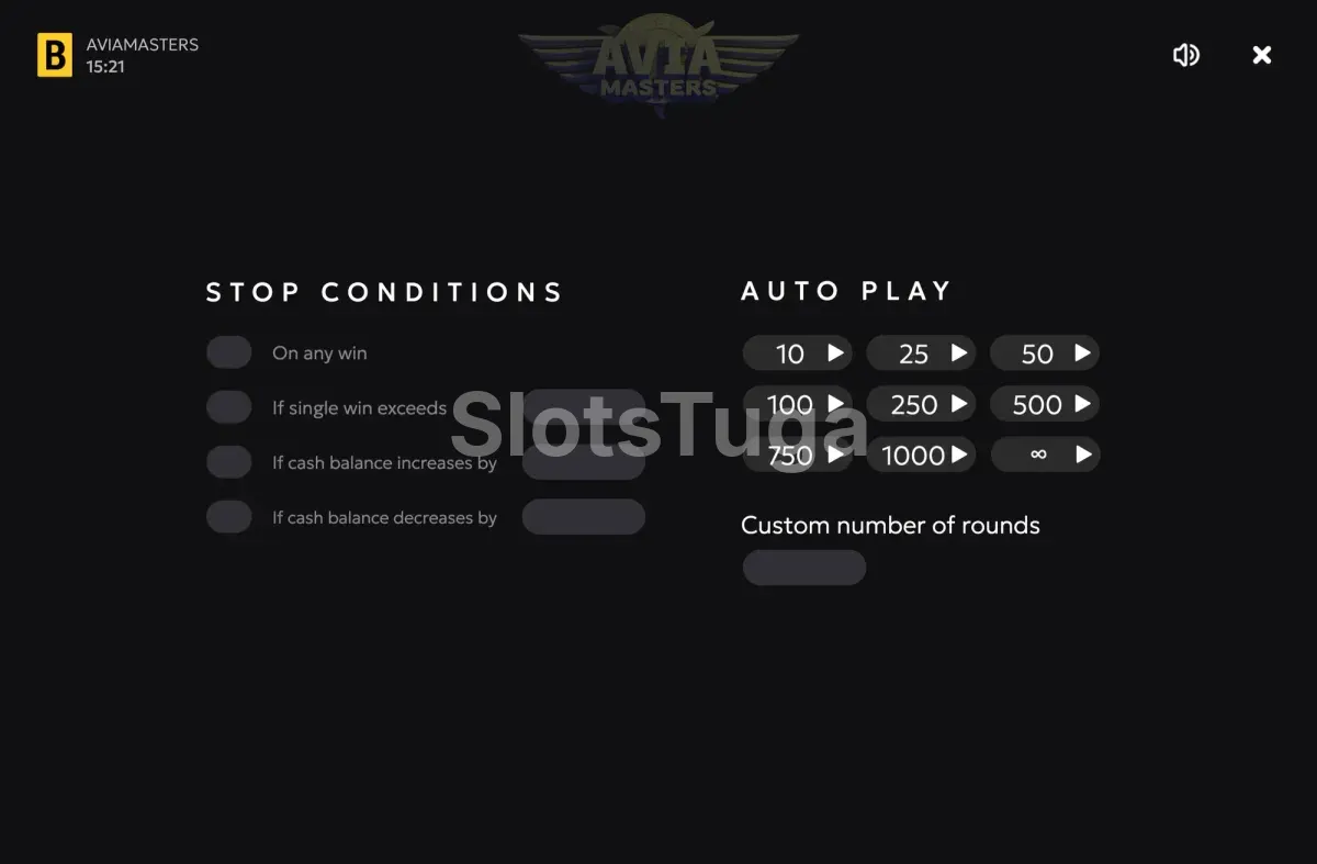 Painel de jogo automático de Aviamasters com limites de paragem