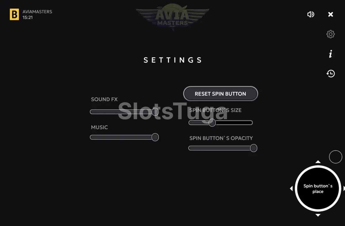 Menu de configurações de Aviamasters com opções de som e gráficos