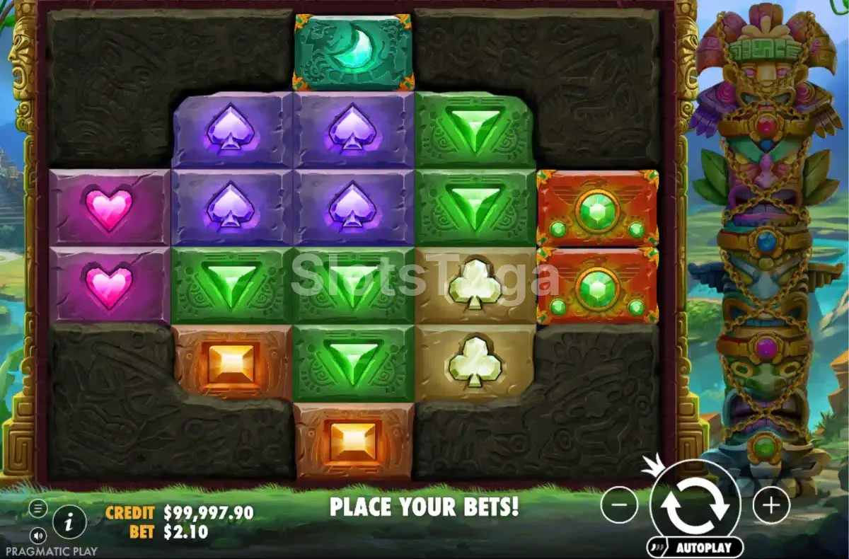 Jogo base da Aztec Bonanza com os rouleaux cheios de símbolos astecas