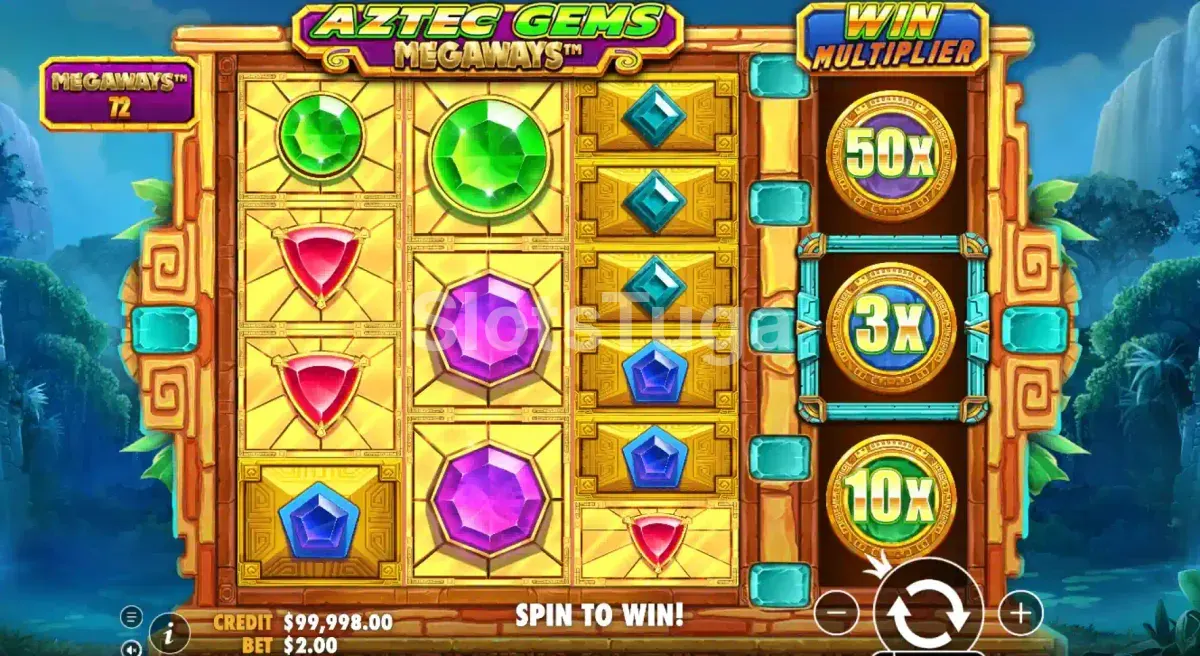 Tela principal do jogo Aztec Gems Megaways com grid 3x3 e reel de multiplicadores