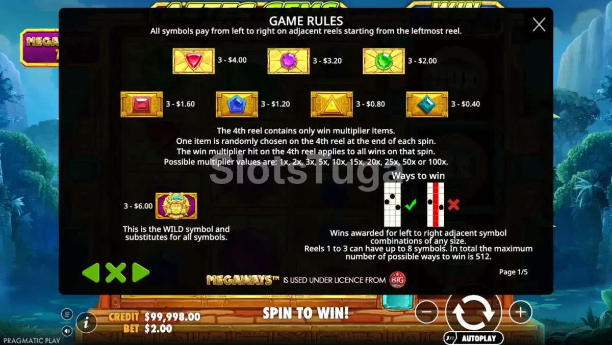 Tabela de pagamentos da slot Aztec Gems Megaways com símbolos e valores