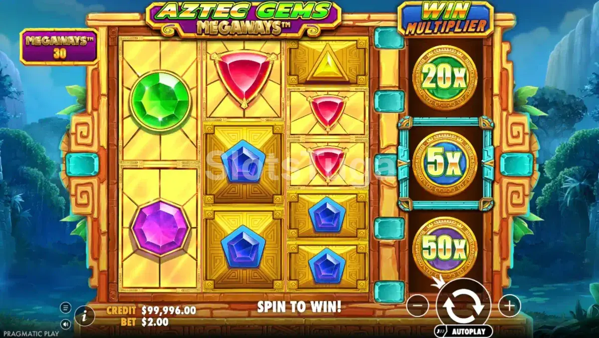 Segunda tela de jogo da Aztec Gems Megaways mostrando o rouleau de multiplicadores em ação
