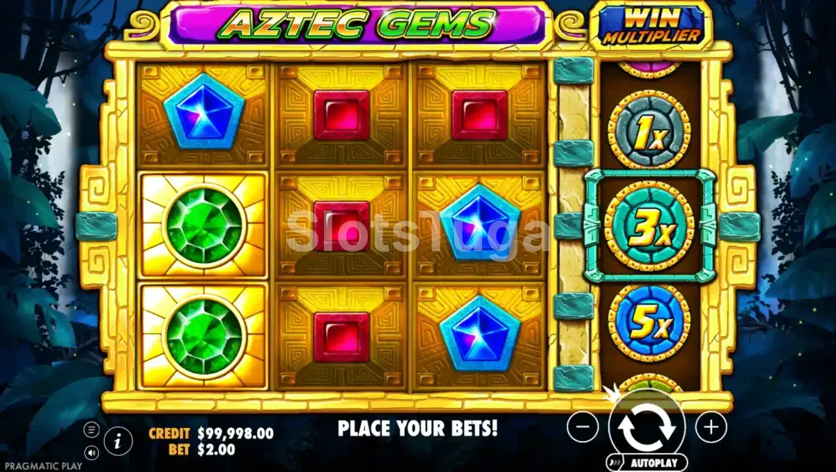 Jogo base da Aztec Gems com pedras coloridas nos rolos