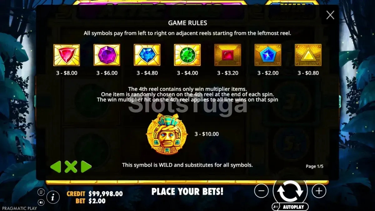Tabela de pagamentos da Aztec Gems mostrando símbolos e valores