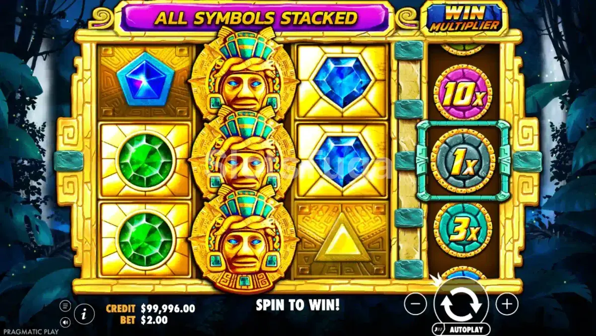 Segunda visão do jogo base da Aztec Gems com multiplicador ativo