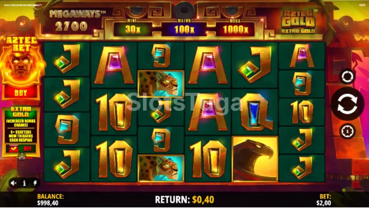 Aztec Gold Extra Gold Megaways em jogo base: seis rolos de alturas diferentes com letras e números dourados cravejados de gemas, um jaguar e uma águia em ouro, o contador de 2 700 Megaways e os três jackpots Mini 30x, Major 100x e Mega 1000x no topo, e o botão Extra Gold à esquerda.