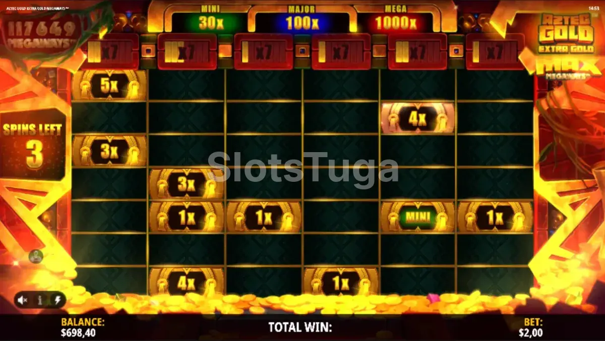 Rodadas grátis ativas no Aztec Gold Extra Gold Megaways com multiplicadores