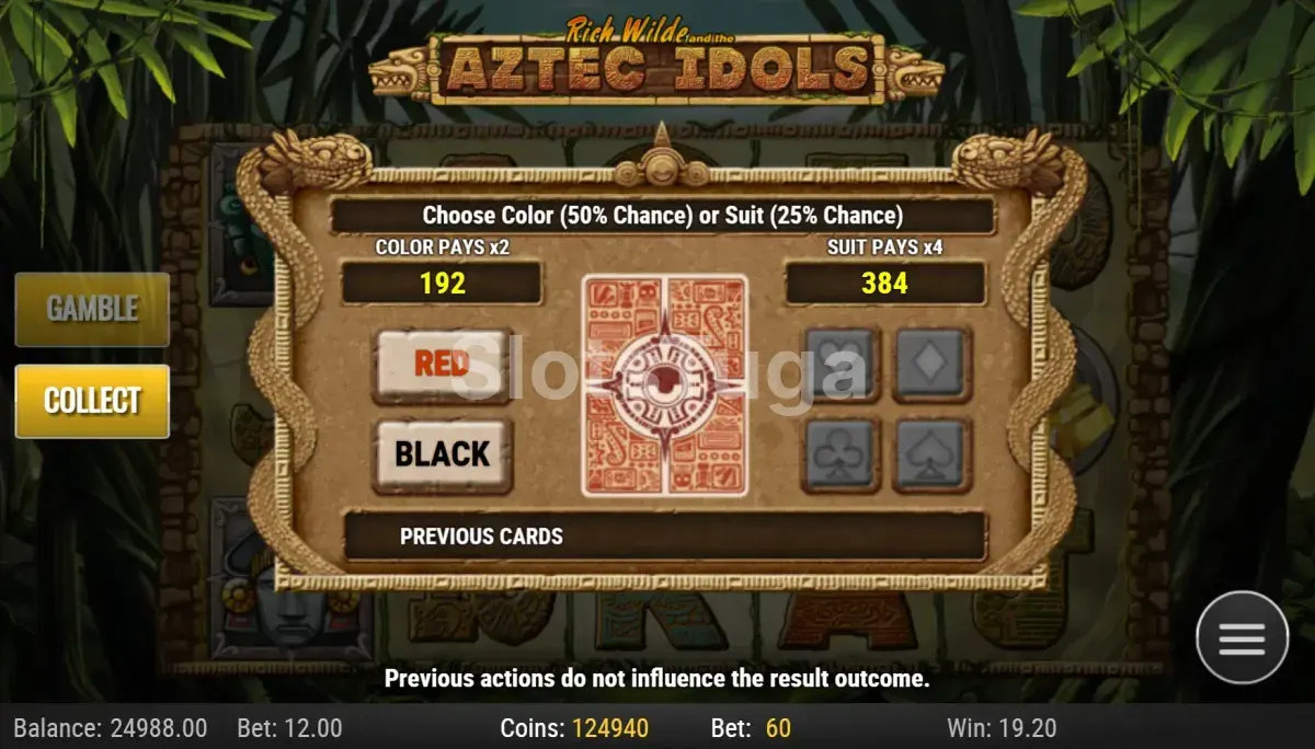 Tela de gamble da slot Aztec Idols com opção de dobrar os ganhos