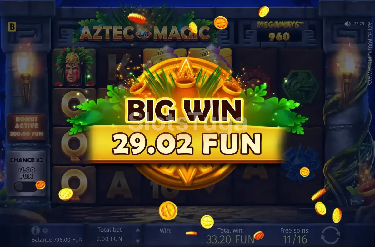 Grande vitória no Aztec Magic Megaways com os créditos explodindo na tela