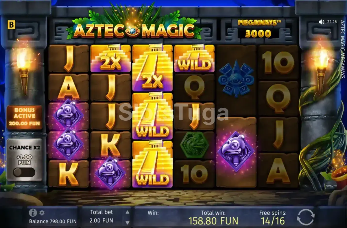 Rodadas grátis ativadas no Aztec Magic Megaways com multiplicador em ação
