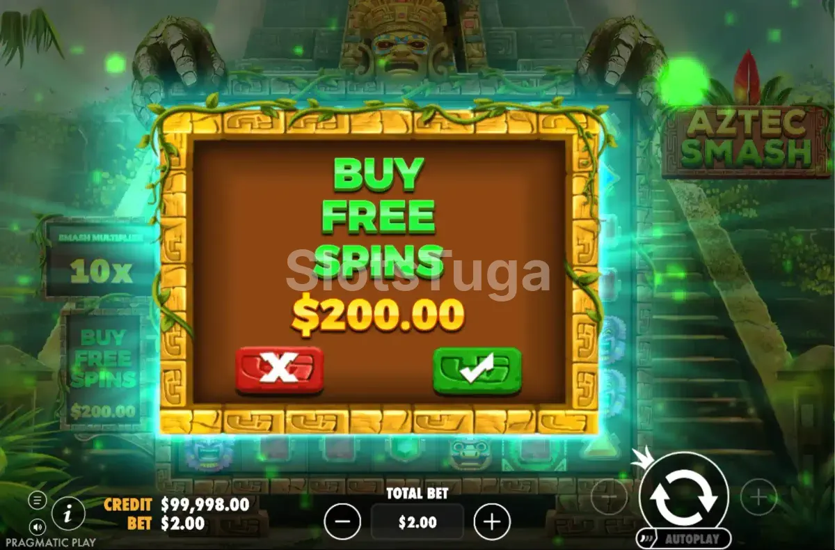 Tela de compra de bônus da Aztec Smash com opções disponíveis