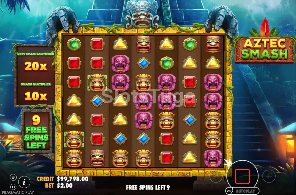 Rodada de giros grátis da Aztec Smash com multiplicador ativo