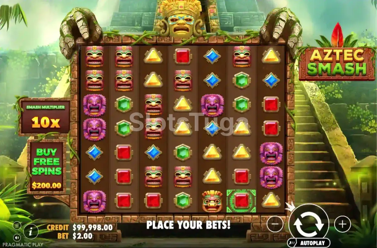 Jogo base da Aztec Smash com grade 7x7 e símbolos coloridos