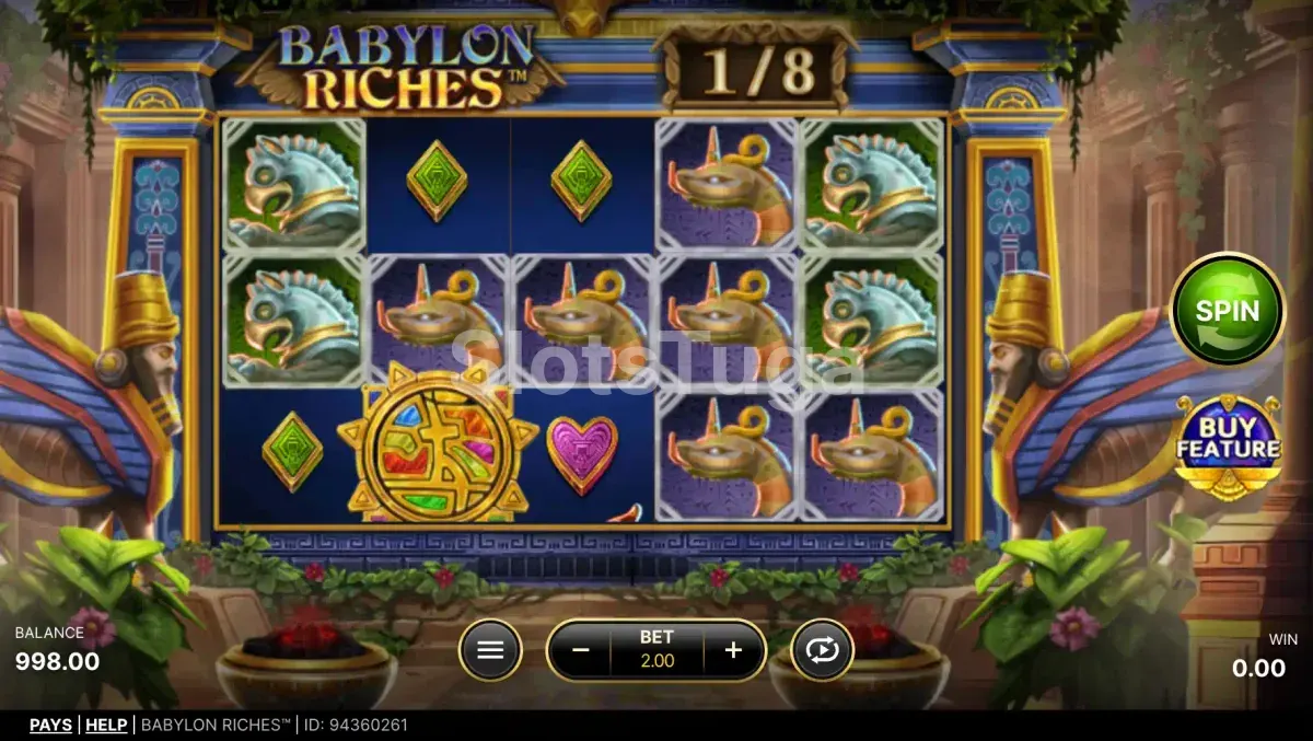 Jogo base da Babylon Riches com o grid de 5 rolos e temática babilônica