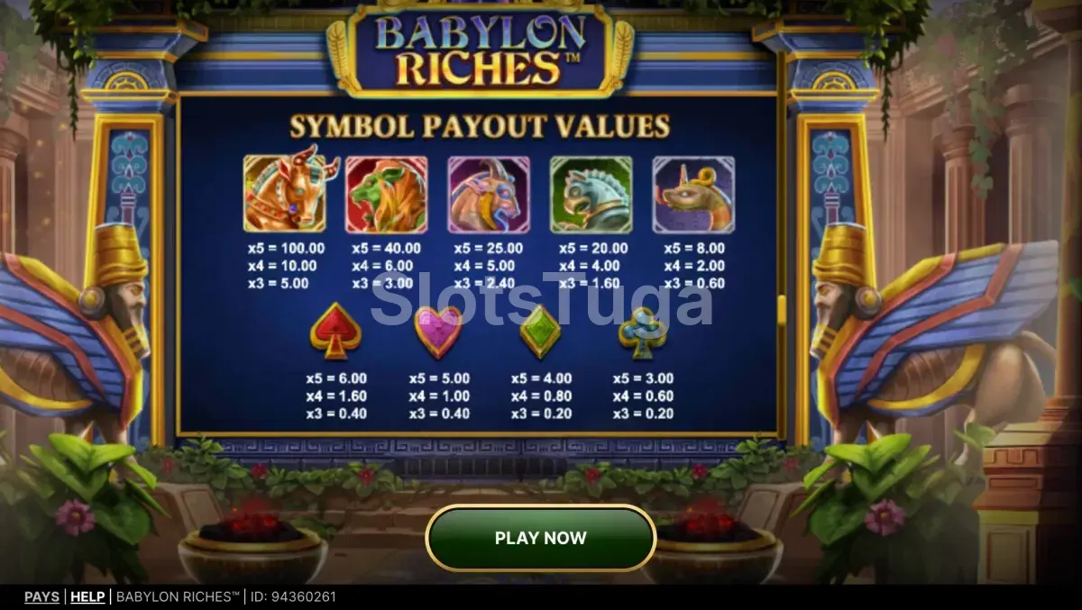 Tabela de pagamentos da Babylon Riches mostrando os símbolos e valores
