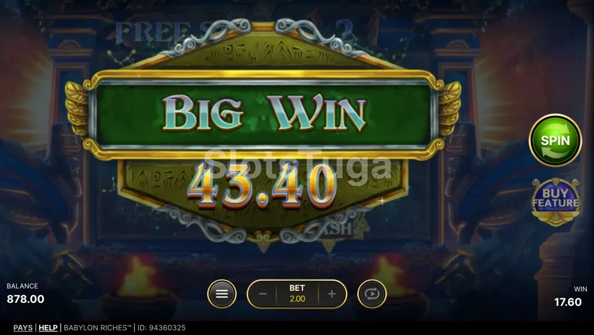 Tela de grande vitória na Babylon Riches com multiplicador alto